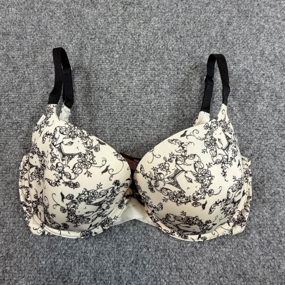 Victorias Secret Lined Demi Bra 32DD Cream Black Floral Toile Print VS Charm